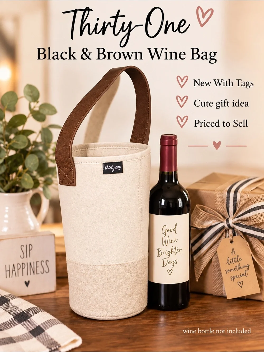 Thirty One Cream and Brown Canvas Wine Tote